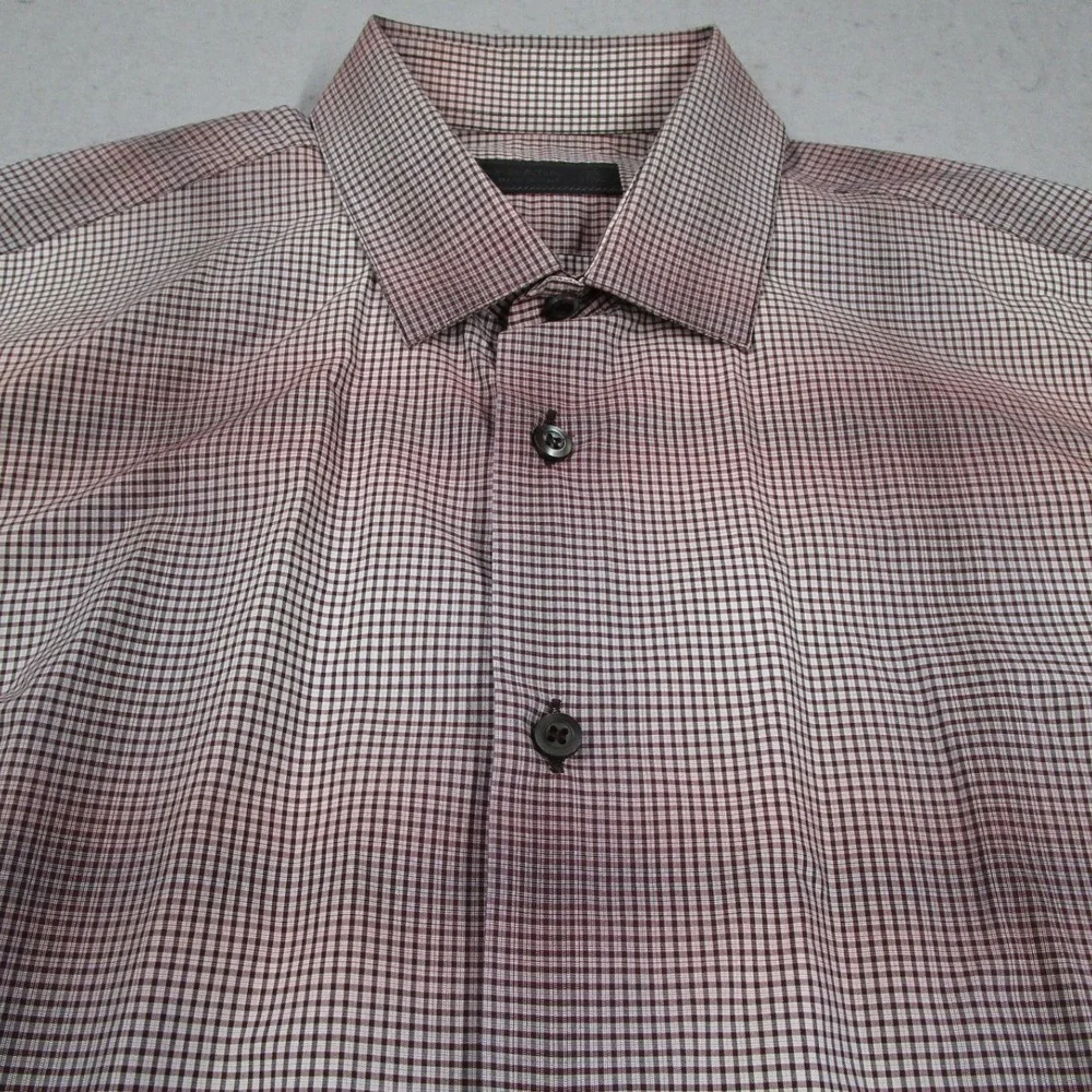 Prada Mens Burgundy White Micro Check Cotton Button Down Shirt 15.5 39 UCM595